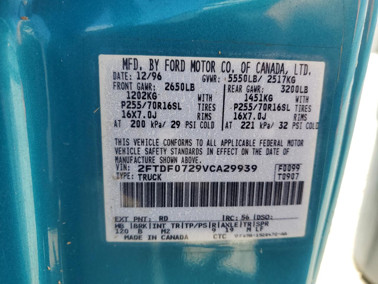 1997 Ford F150 VIN: 2FTDF0729VCA29939 Lot: 57573734