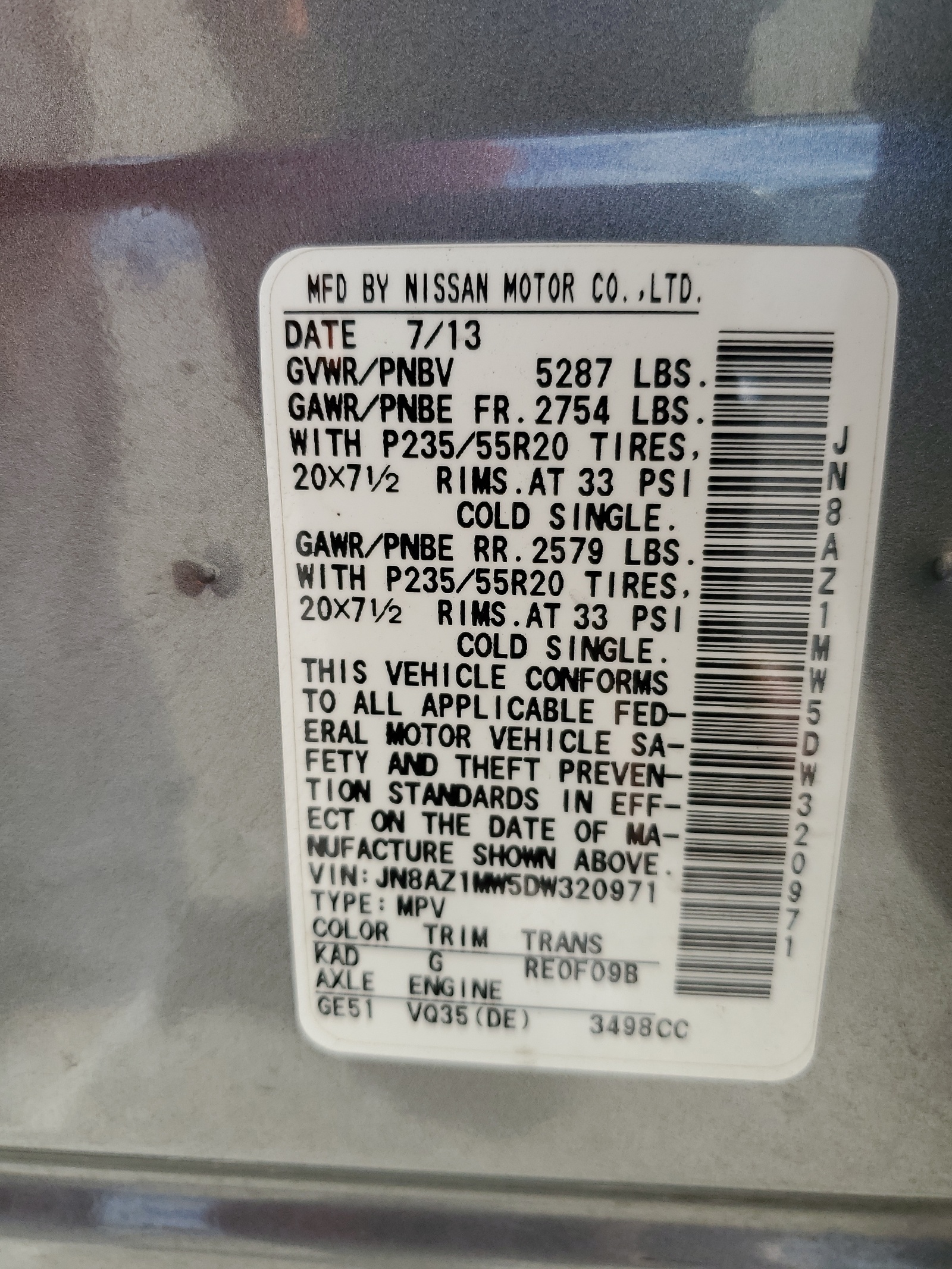 JN8AZ1MW5DW320971 2013 Nissan Murano S