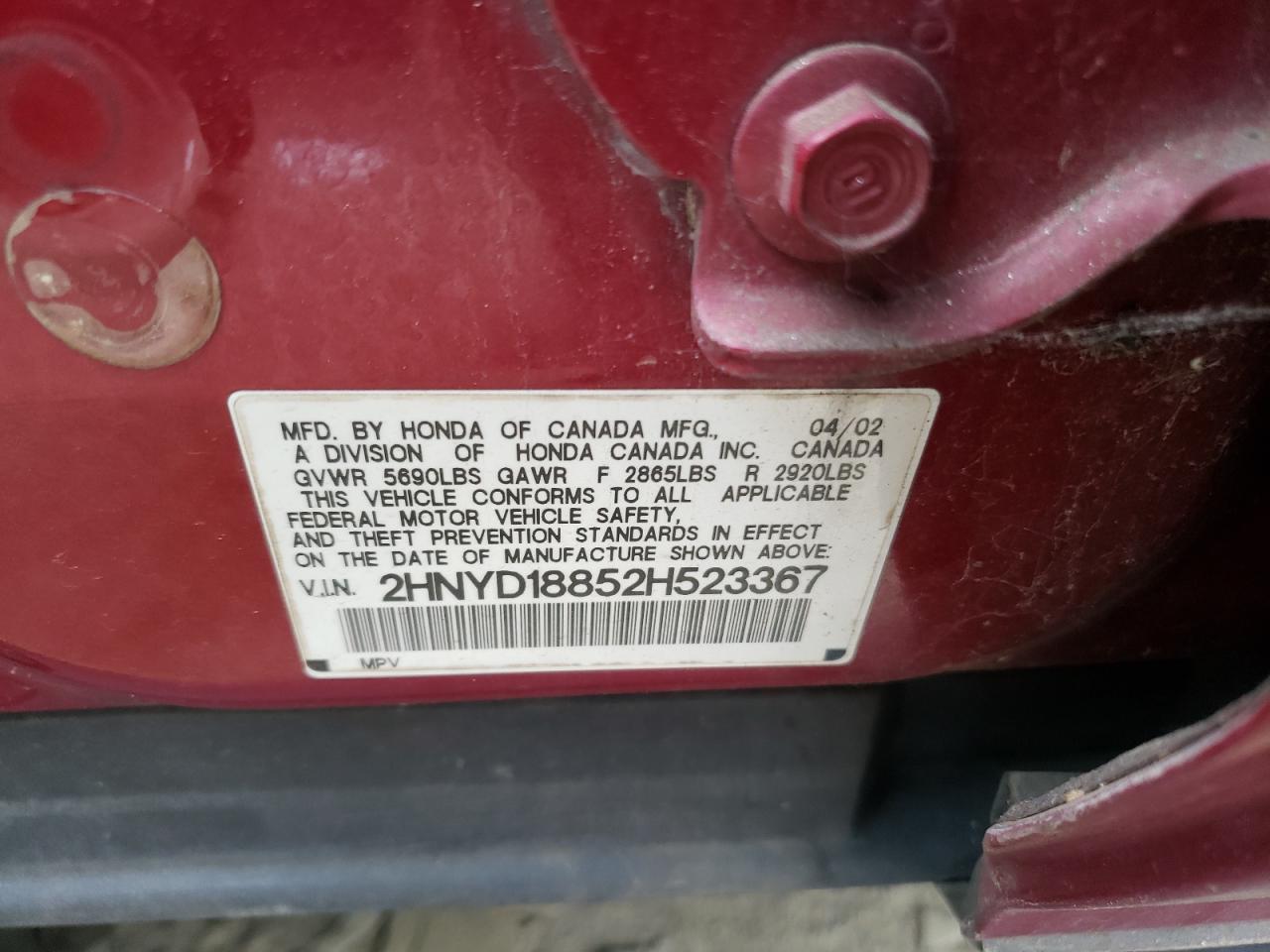 2002 Acura Mdx Touring VIN: 2HNYD18852H523367 Lot: 57738394