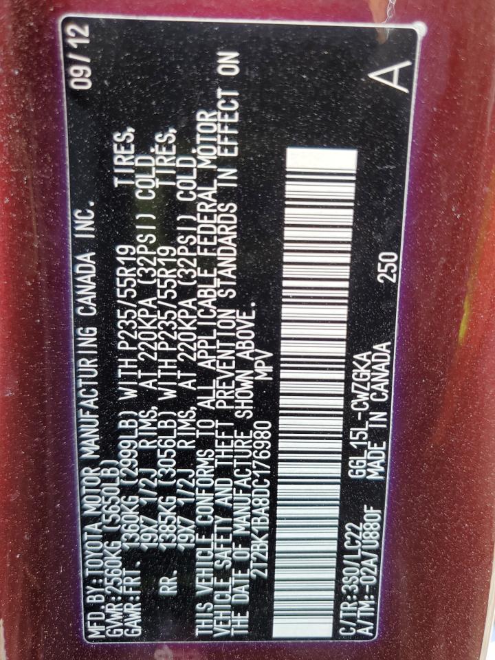 2013 Lexus Rx 350 Base VIN: 2T2BK1BA8DC176980 Lot: 60438184