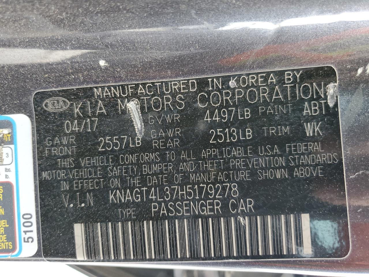 2017 Kia Optima Lx VIN: KNAGT4L37H5179278 Lot: 56963974