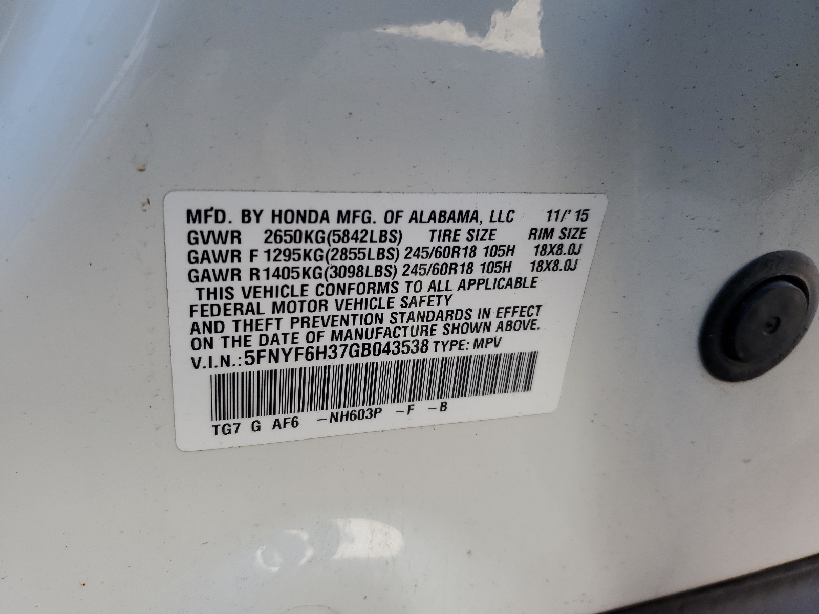 5FNYF6H37GB043538 2016 Honda Pilot Ex