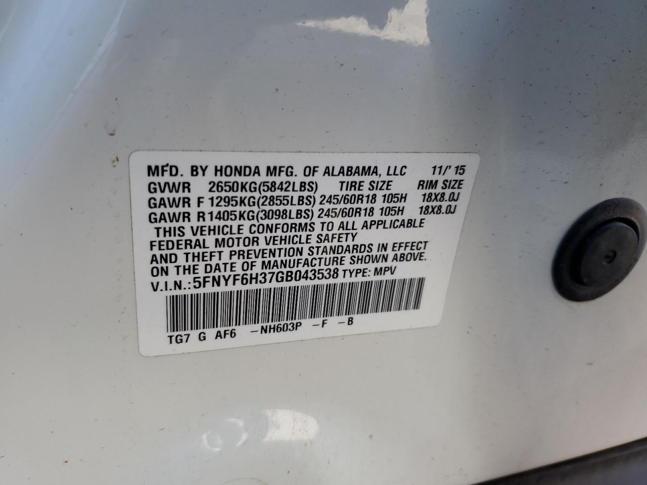 2016 Honda Pilot Ex VIN: 5FNYF6H37GB043538 Lot: 57486274