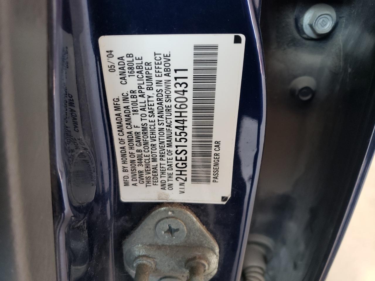 2004 Honda Civic Lx VIN: 2HGES15544H604311 Lot: 59495794