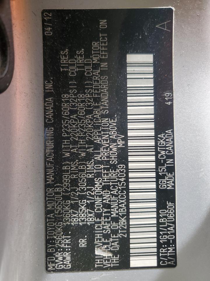 2012 Lexus Rx 350 VIN: 2T2BK1BAXCC154039 Lot: 59147844