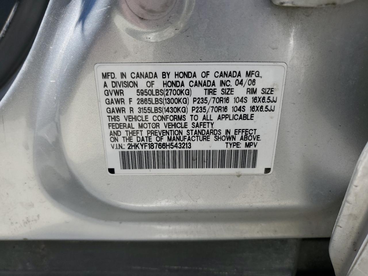 2006 Honda Pilot Ex VIN: 2HKYF18766H543213 Lot: 59540504