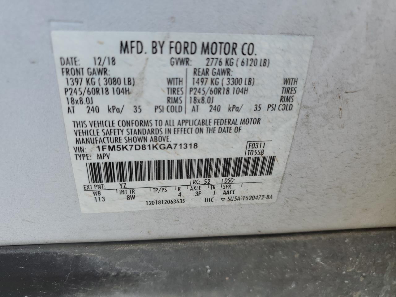 2019 Ford Explorer Xlt VIN: 1FM5K7D81KGA71318 Lot: 56682604