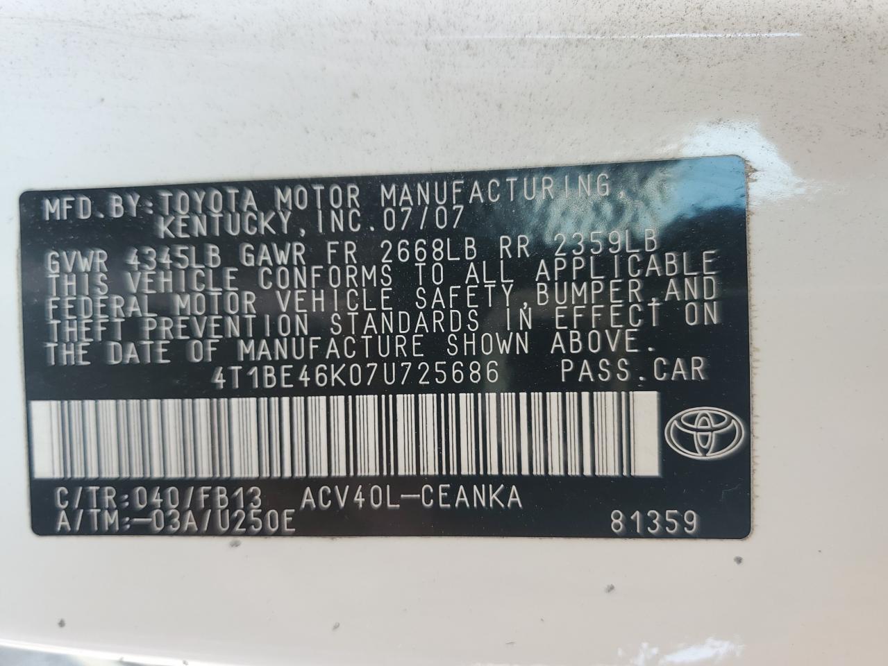 4T1BE46K07U725686 2007 Toyota Camry Ce