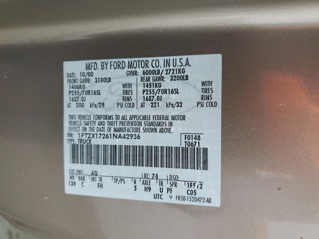 2001 Ford F150 VIN: 1FTZX17261NA42936 Lot: 59358454