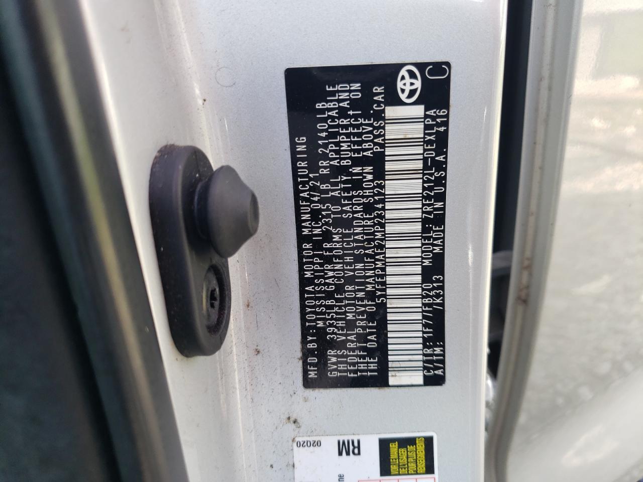 2021 Toyota Corolla Le VIN: 5YFEPMAE2MP234123 Lot: 56248154