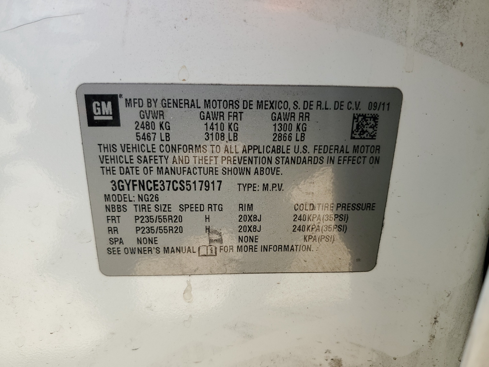 3GYFNCE37CS517917 2012 Cadillac Srx Premium Collection