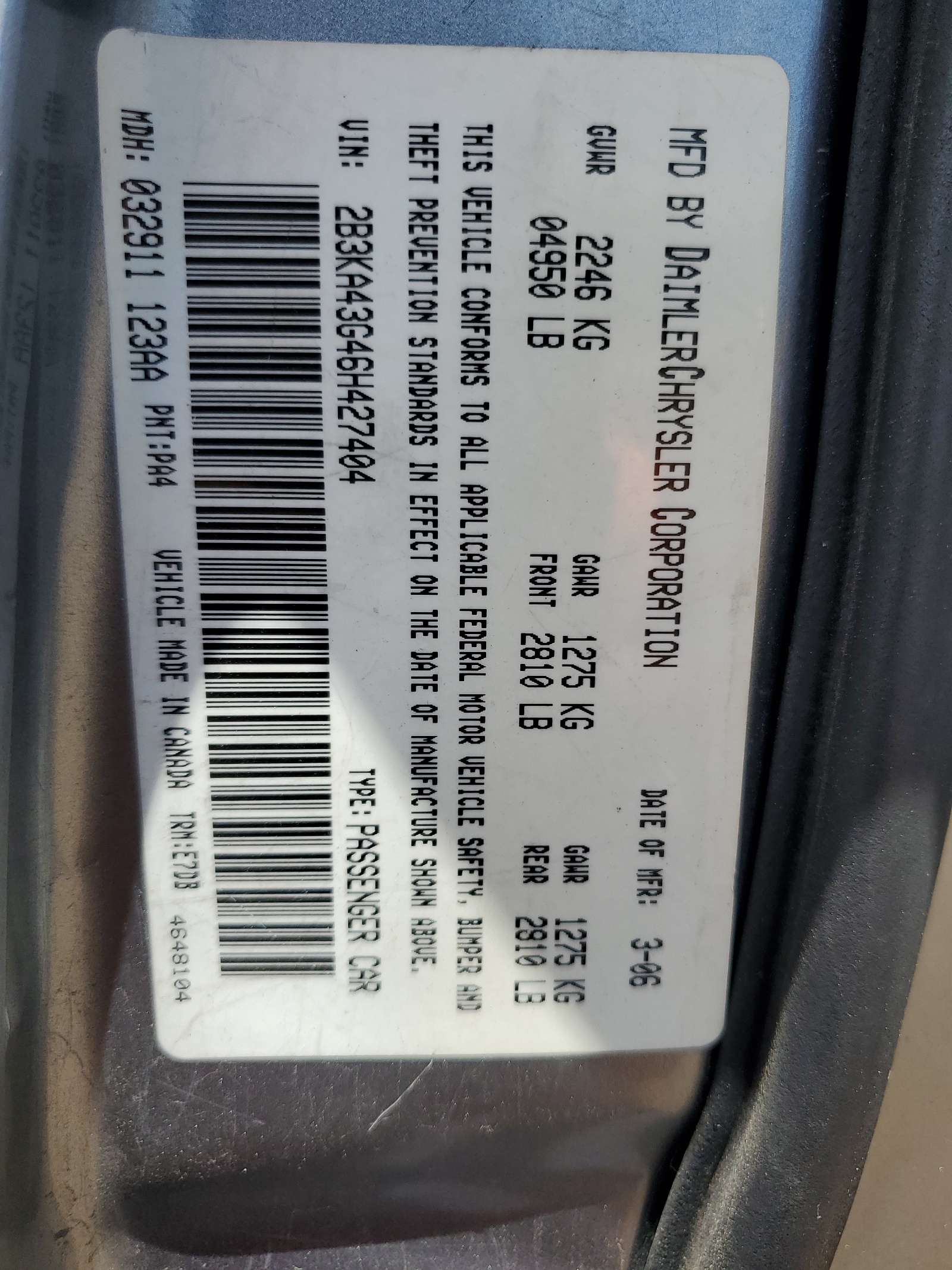 2B3KA43G46H427404 2006 Dodge Charger Se