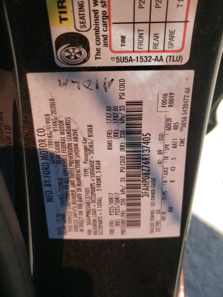 2006 Ford Fusion Sel VIN: 3FAHP08Z76R137405 Lot: 57831424