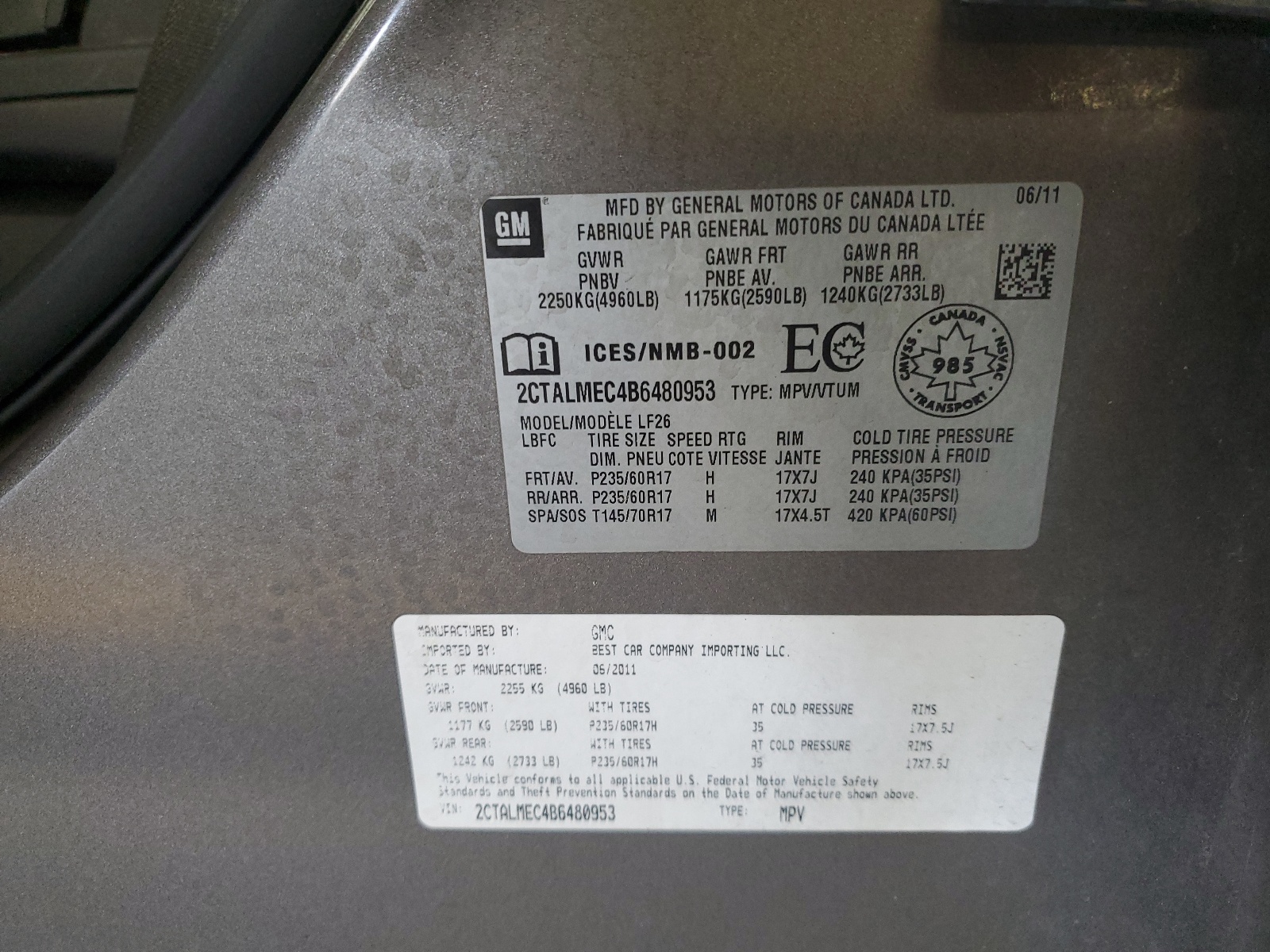 2CTALMEC4B6480953 2011 GMC Terrain Sle