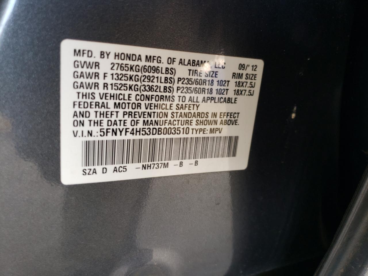 2013 Honda Pilot Exl VIN: 5FNYF4H53DB003510 Lot: 60668854