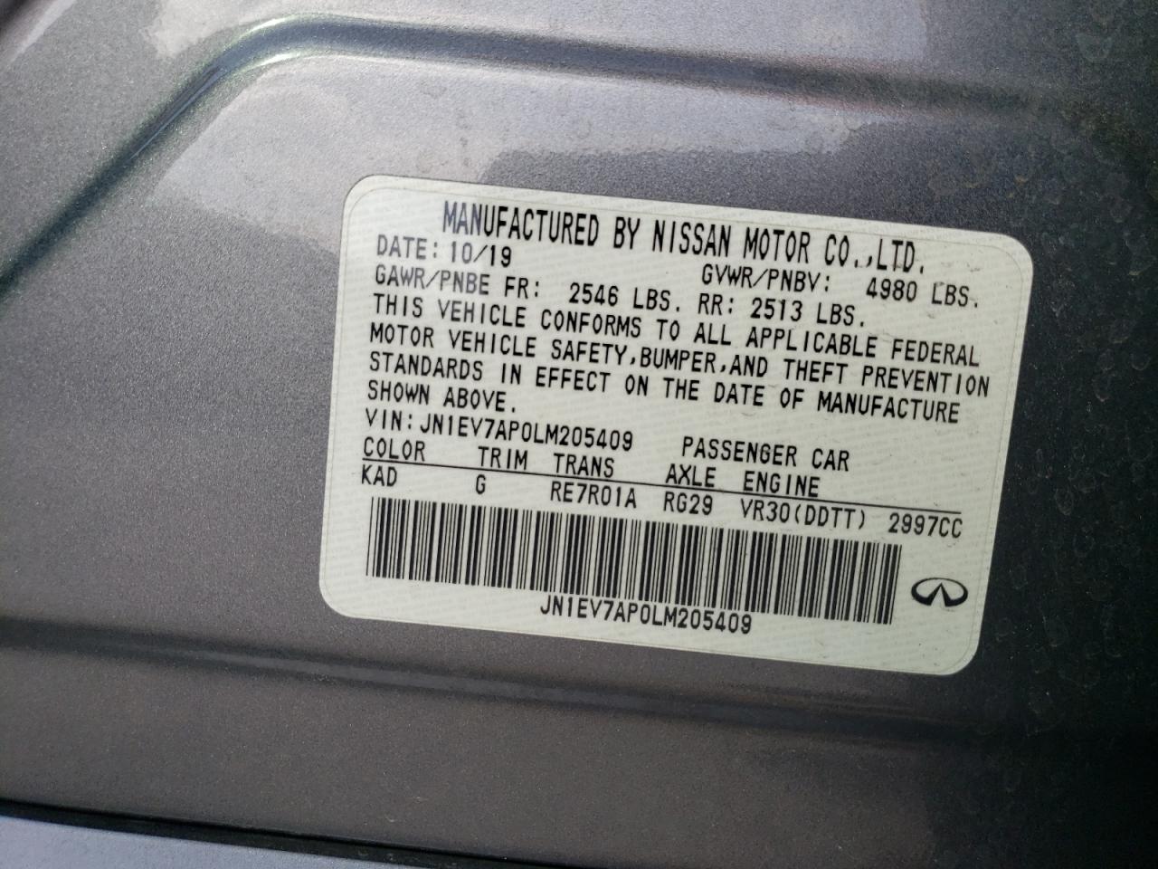 2020 Infiniti Q50 Pure VIN: JN1EV7AP0LM205409 Lot: 67571645