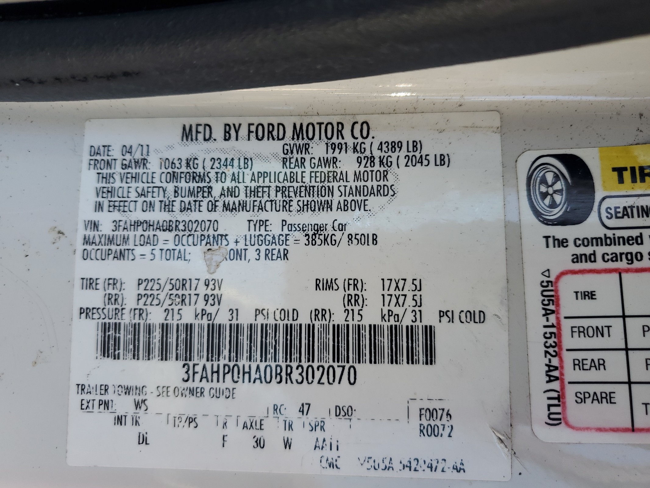 3FAHP0HA0BR302070 2011 Ford Fusion Se