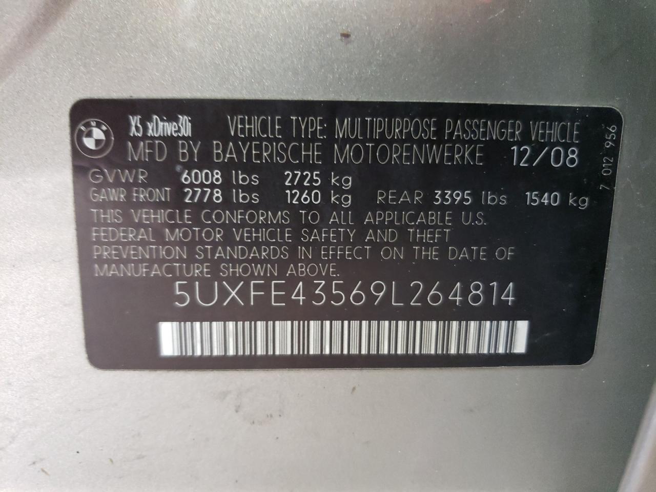 2009 BMW X5 xDrive30I VIN: 5UXFE43569L264814 Lot: 58524924