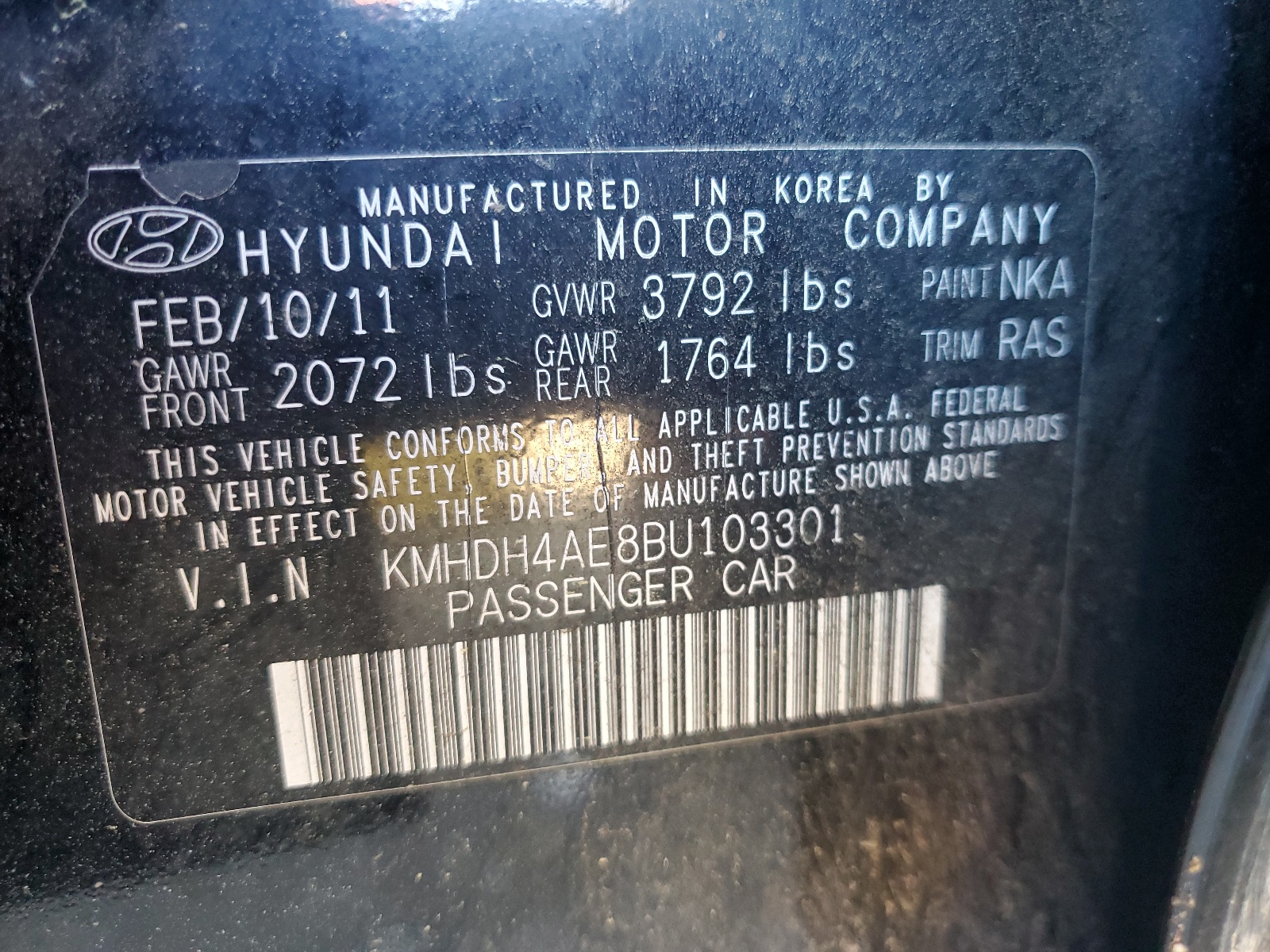 KMHDH4AE8BU103301 2011 Hyundai Elantra Gls
