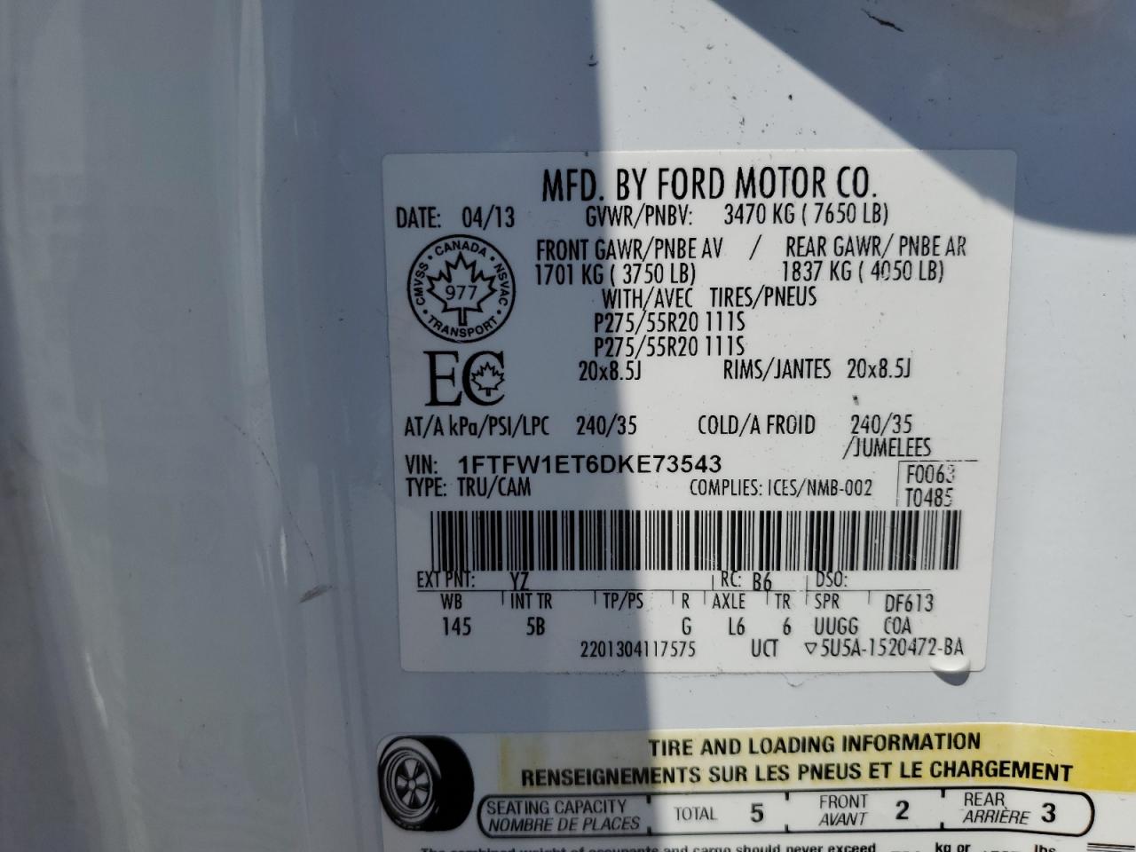 2013 Ford F150 Supercrew VIN: 1FTFW1ET6DKE73543 Lot: 58512354