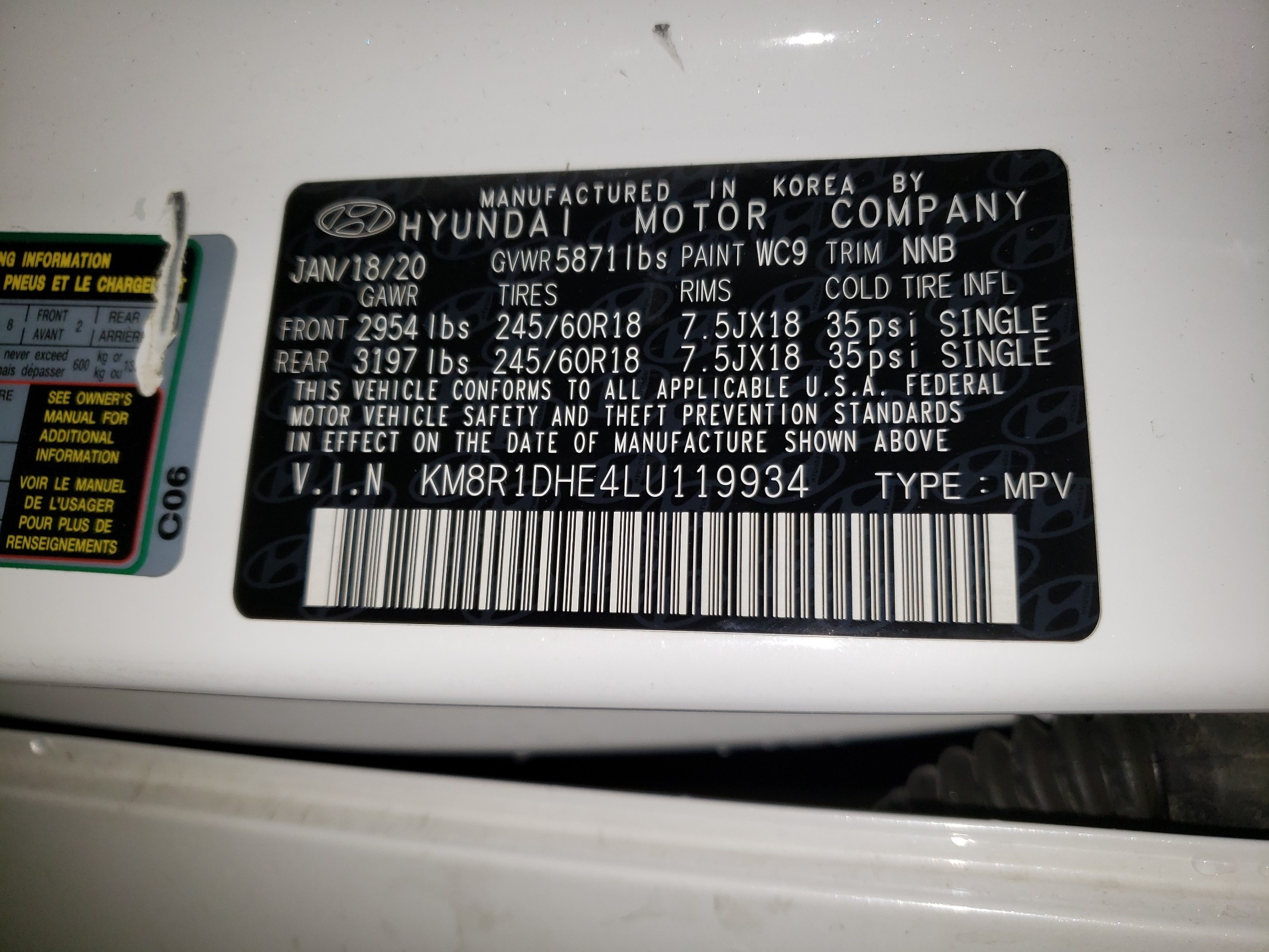 KM8R1DHE4LU119934 2020 Hyundai Palisade Se