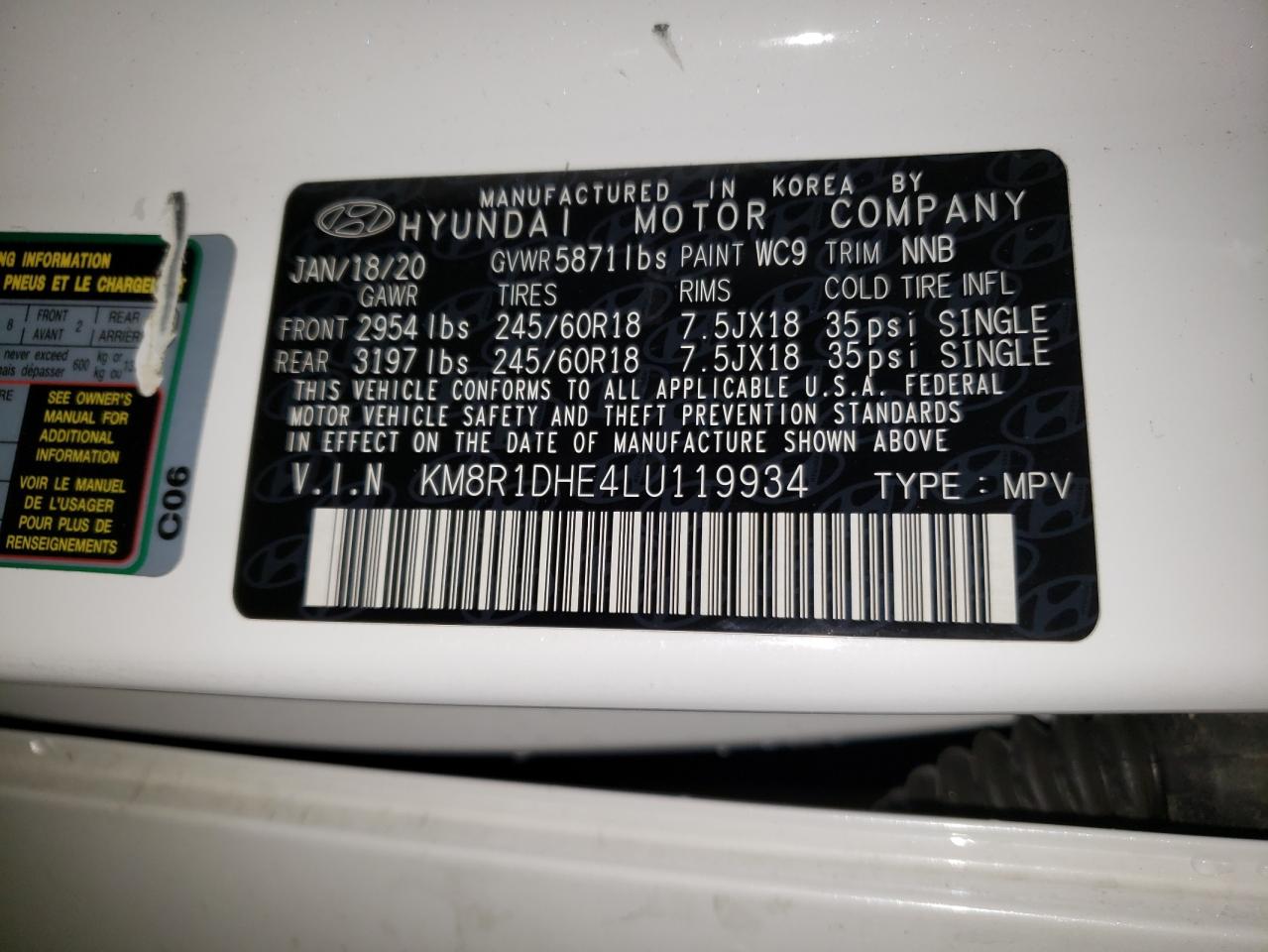 2020 Hyundai Palisade Se VIN: KM8R1DHE4LU119934 Lot: 58519224