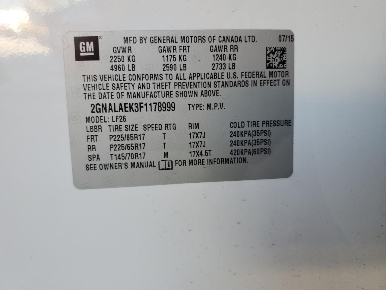 2015 Chevrolet Equinox Ls VIN: 2GNALAEK3F1178999 Lot: 55821464