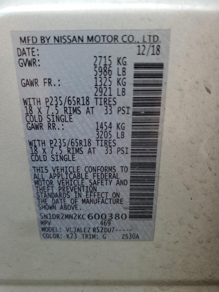 2019 Nissan Pathfinder S VIN: 5N1DR2MN2KC600380 Lot: 60251334