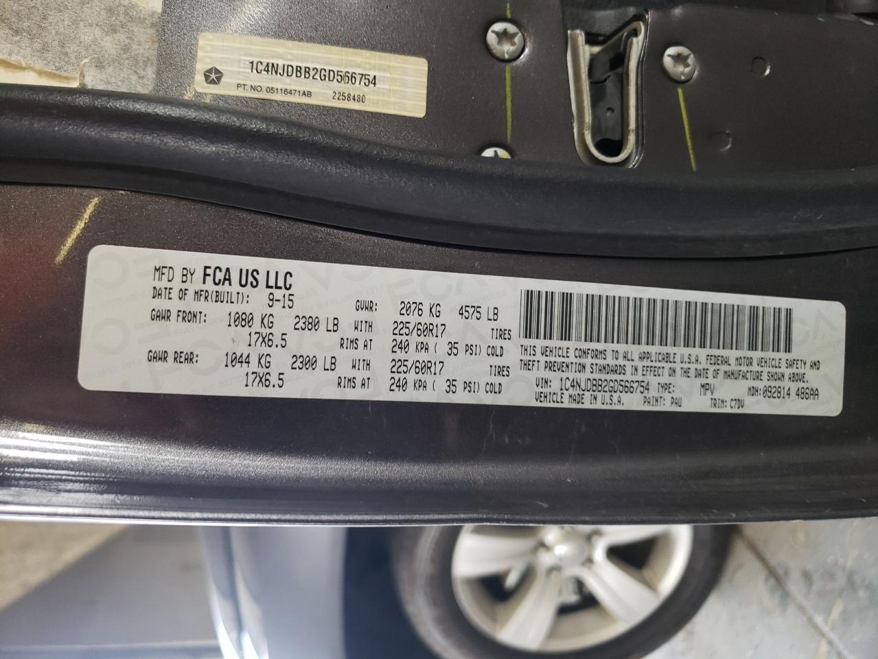 2016 Jeep Compass Sport VIN: 1C4NJDBB2GD566754 Lot: 59323144