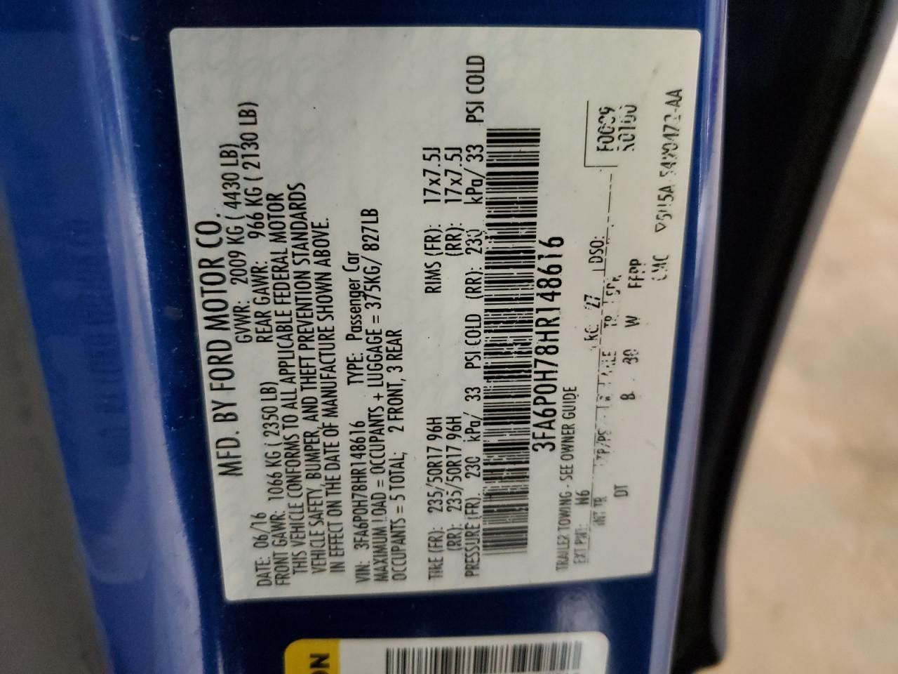 2017 Ford Fusion Se VIN: 3FA6P0H78HR148616 Lot: 60470024