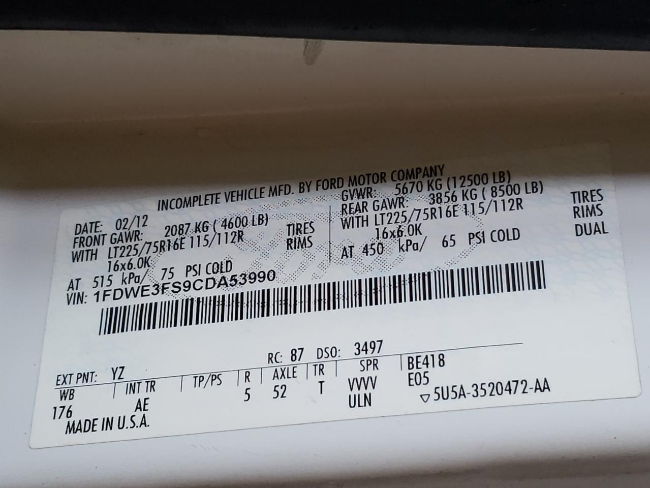 2012 Ford Econoline E350 Super Duty Cutaway Van VIN: 1FDWE3FS9CDA53990 Lot: 60384084