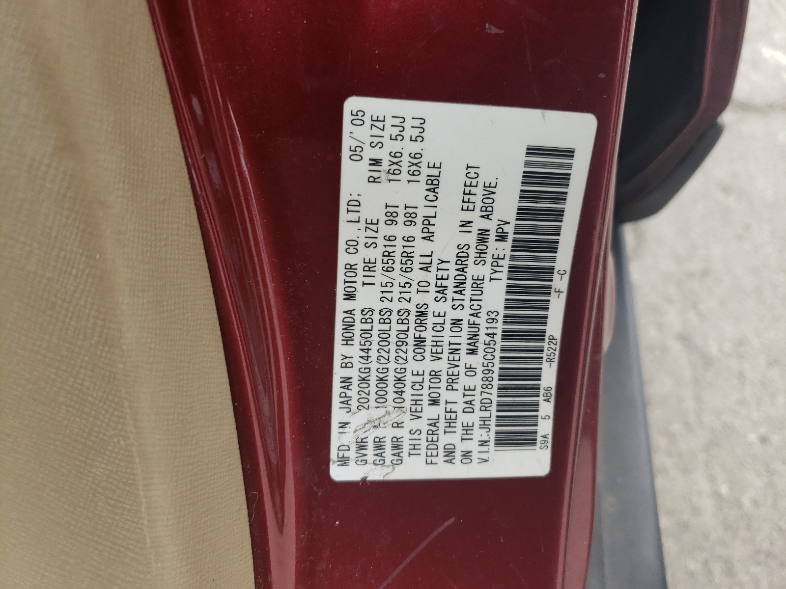 JHLRD78895C054193 2005 Honda Cr-V Ex