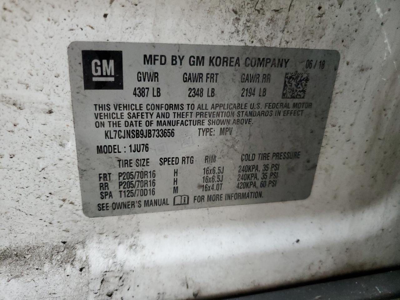 2018 Chevrolet Trax Ls VIN: KL7CJNSB9JB733656 Lot: 57162444