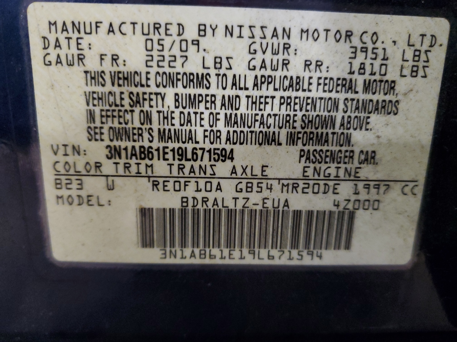 3N1AB61E19L671594 2009 Nissan Sentra 2.0