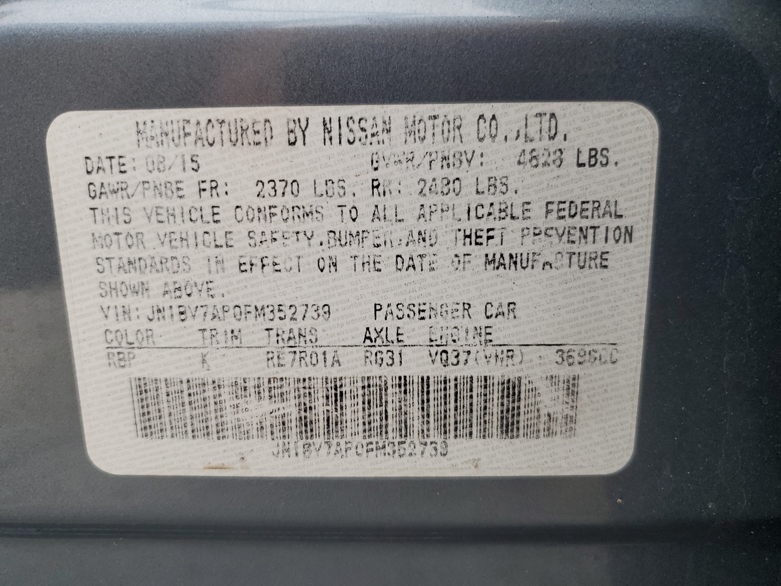 JN1BV7AP0FM352739 2015 Infiniti Q50 Base