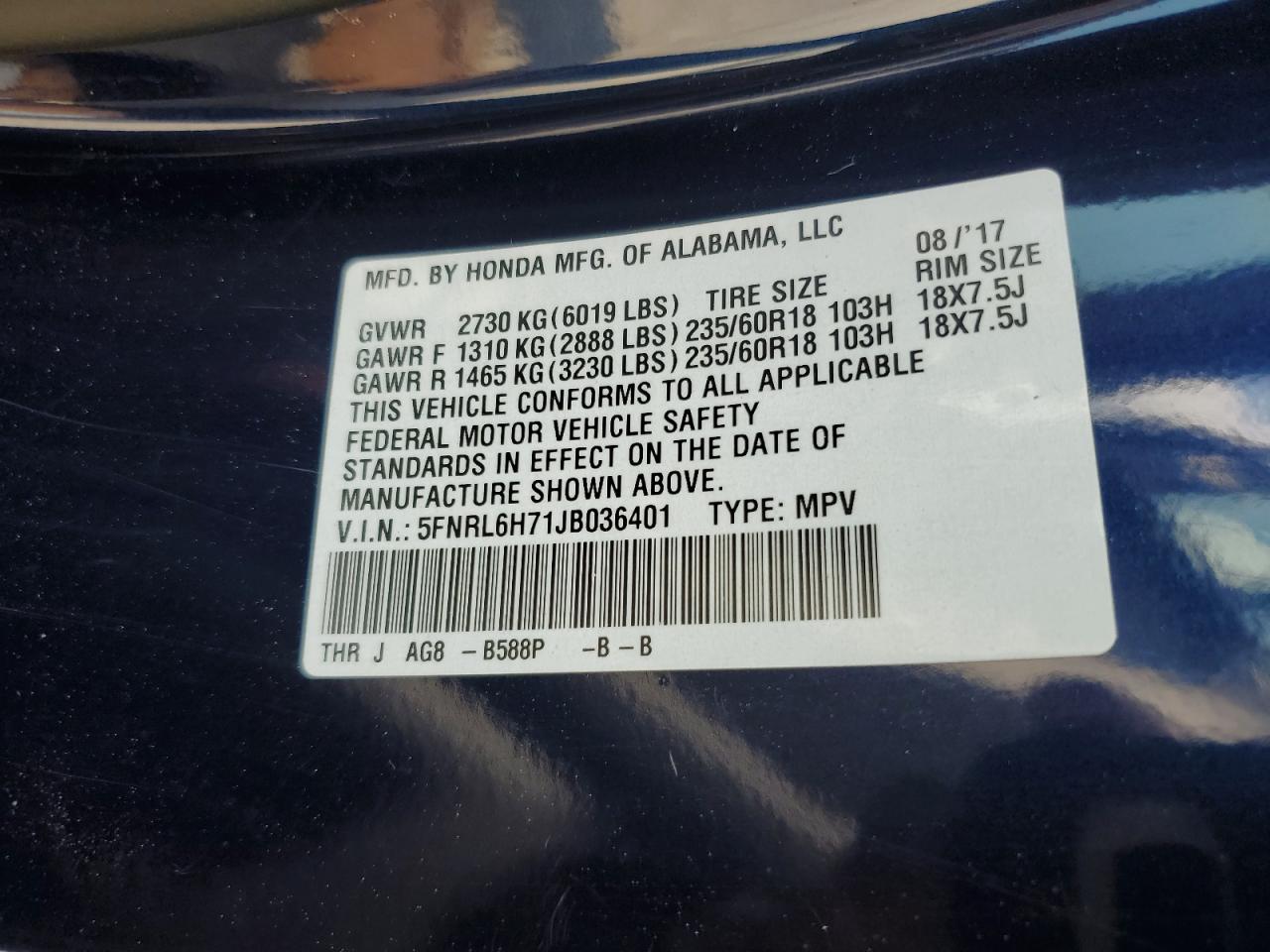 5FNRL6H71JB036401 2018 Honda Odyssey Exl