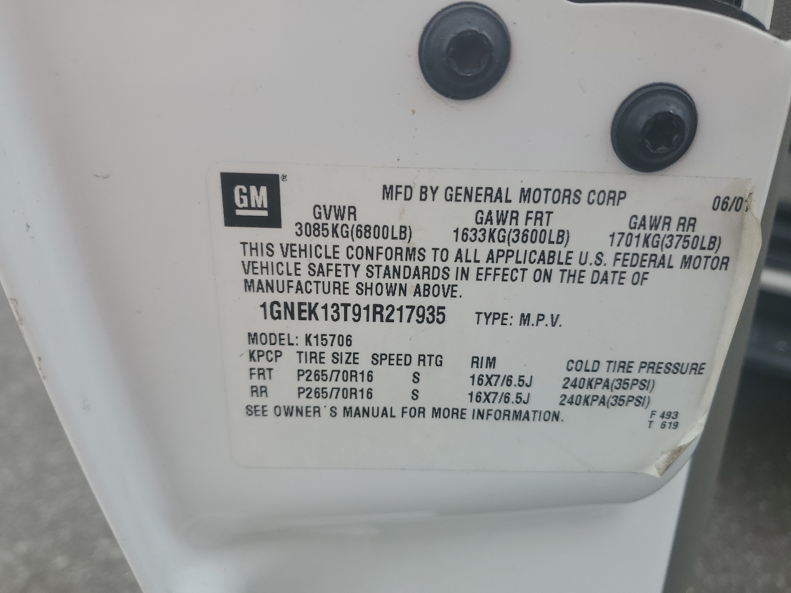 1GNEK13T91R217935 2001 Chevrolet Tahoe K1500