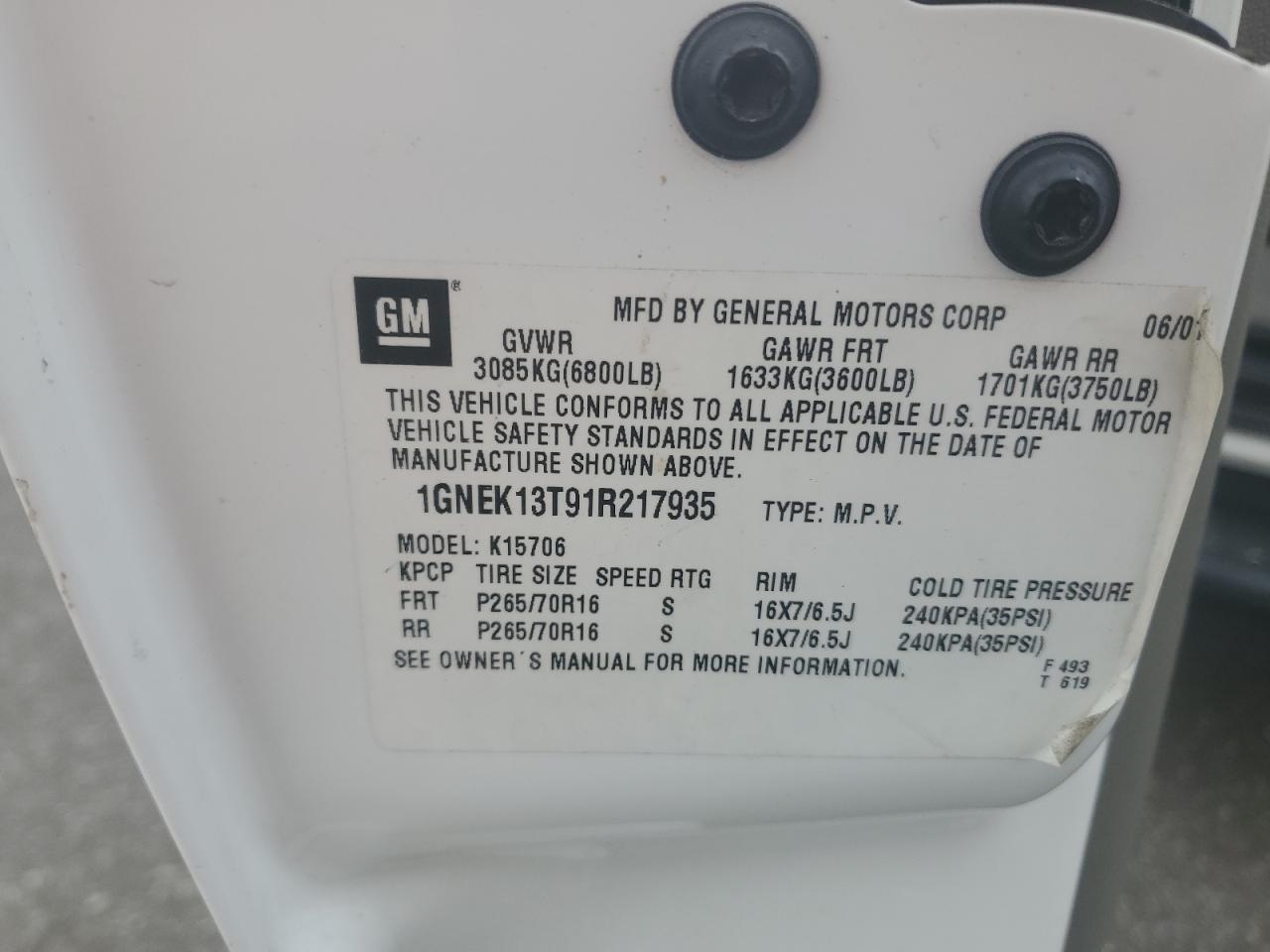 2001 Chevrolet Tahoe K1500 VIN: 1GNEK13T91R217935 Lot: 60624624