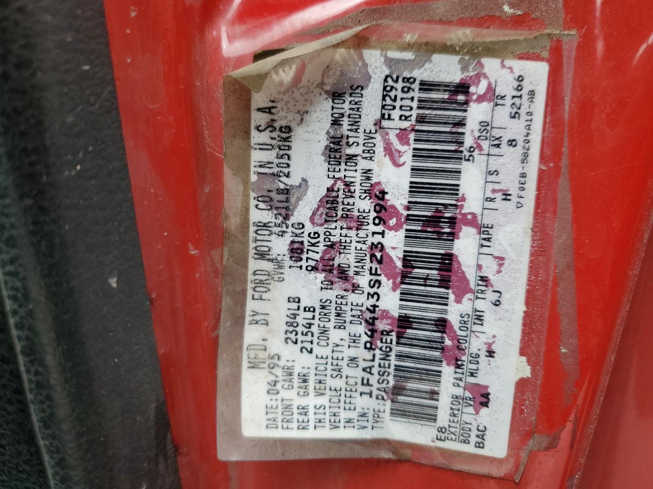 1995 Ford Mustang VIN: 1FALP4443SF231994 Lot: 59846204