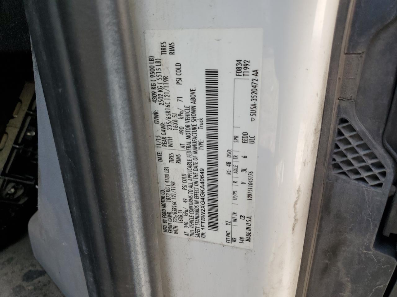 2016 Ford Transit T-350 VIN: 1FTBW2XG4GKA40649 Lot: 57448954