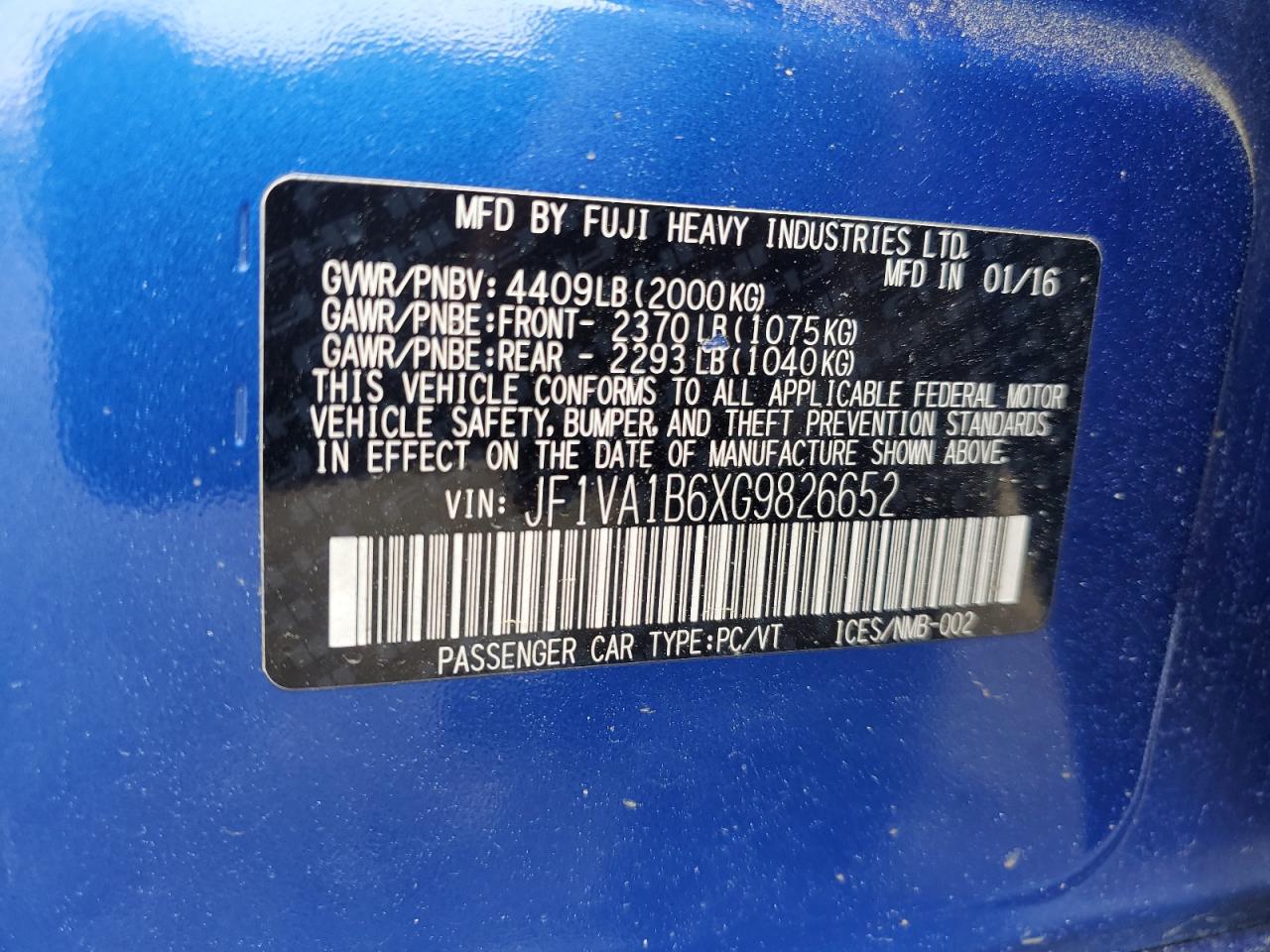 2016 Subaru Wrx VIN: JF1VA1B6XG9826652 Lot: 56895474