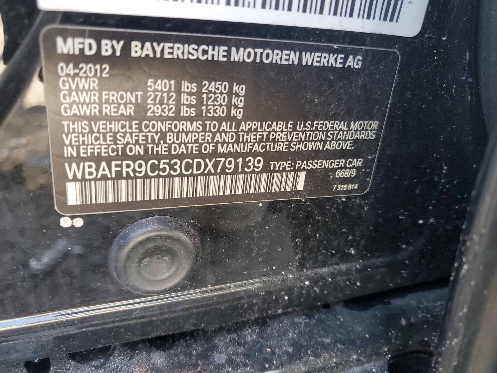 WBAFR9C53CDX79139 2012 BMW 550 I