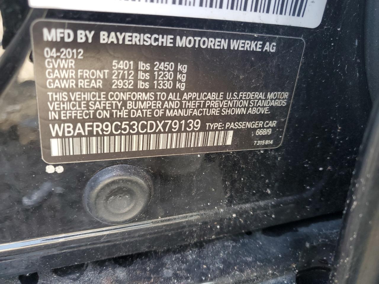 2012 BMW 550 I VIN: WBAFR9C53CDX79139 Lot: 49910663