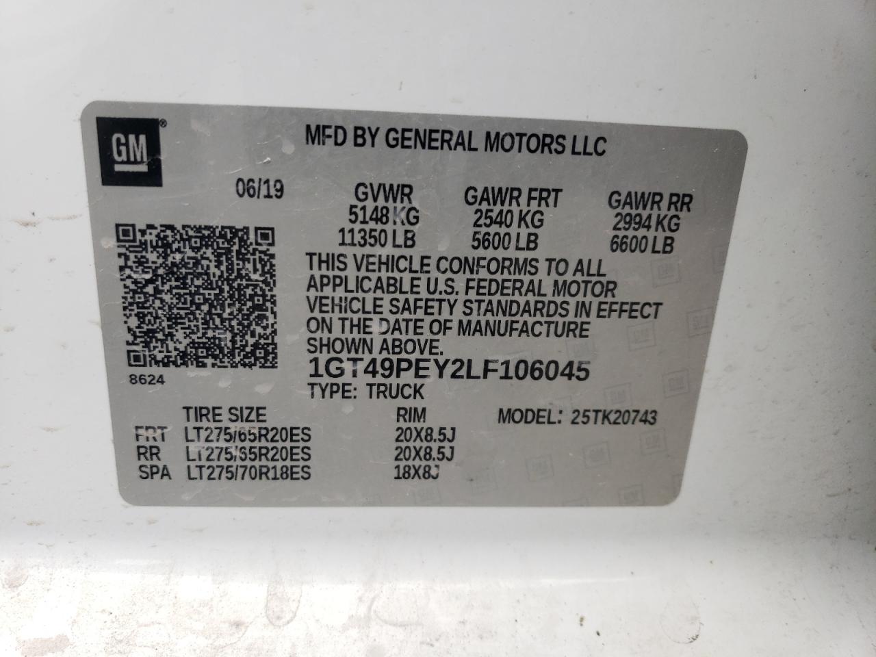 2020 GMC Sierra K2500 At4 VIN: 1GT49PEY2LF106045 Lot: 61030594