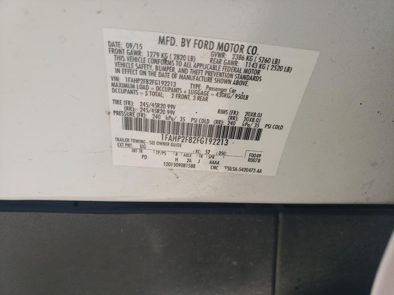 2015 Ford Taurus Limited VIN: 1FAHP2F82FG192213 Lot: 58146794