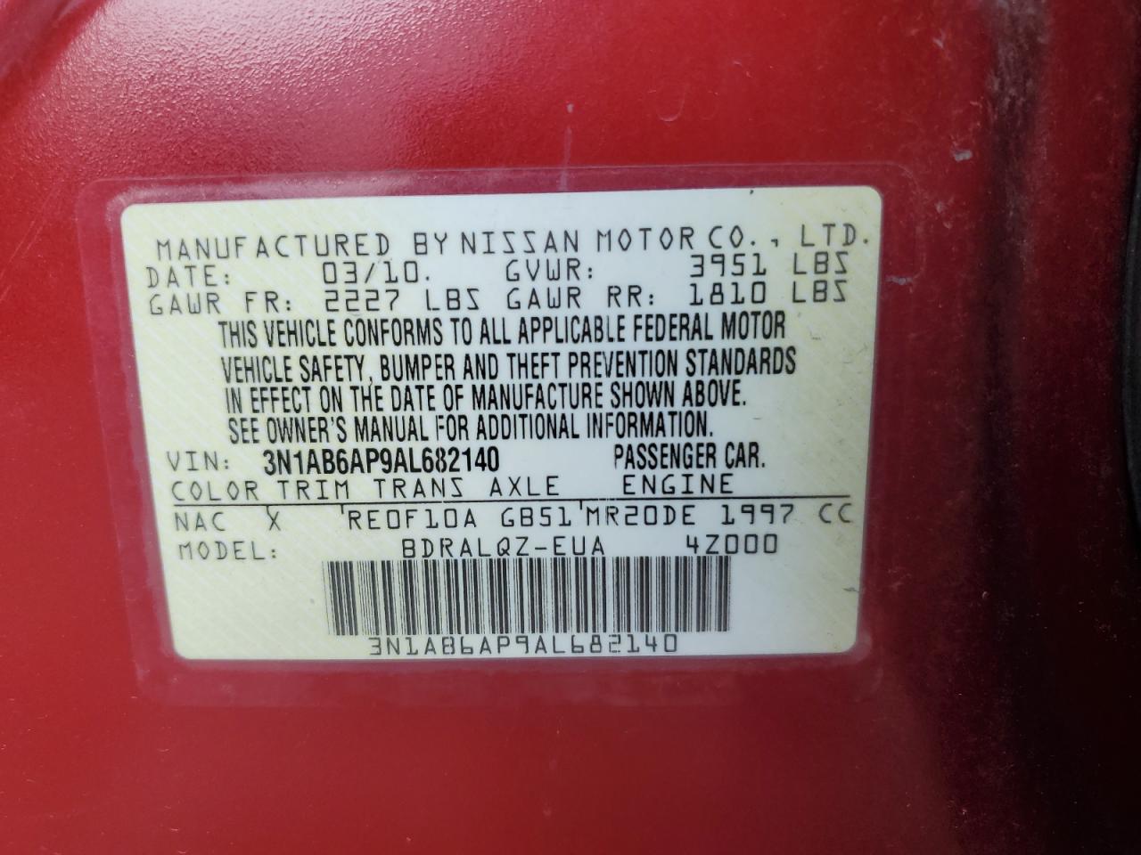 2010 Nissan Sentra 2.0 VIN: 3N1AB6AP9AL682140 Lot: 58925044