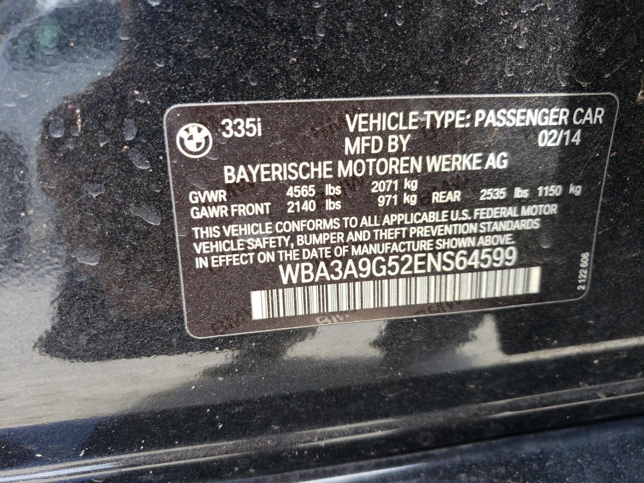 2014 BMW 335 I VIN: WBA3A9G52ENS64599 Lot: 59988174