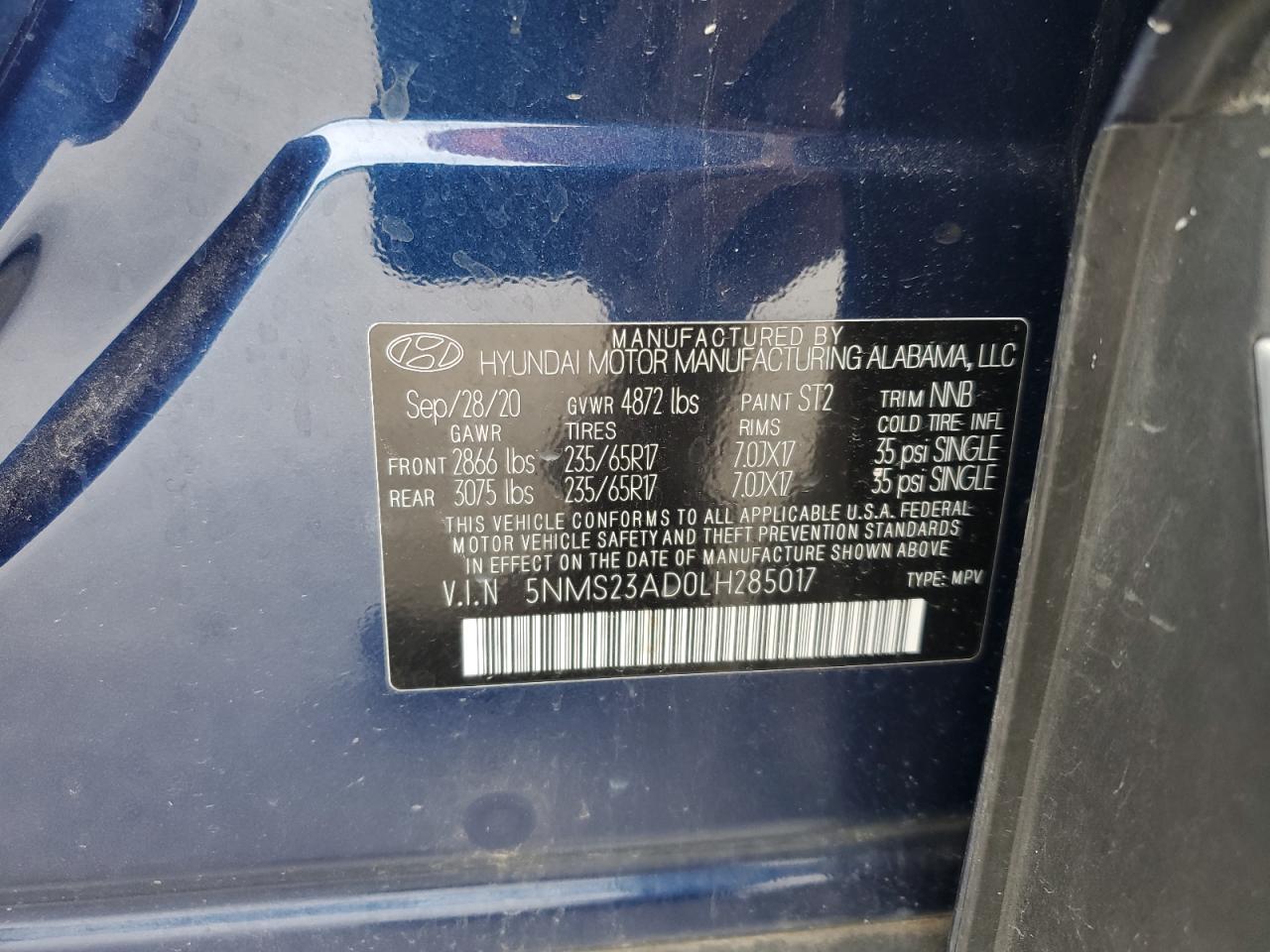 2020 Hyundai Santa Fe Se VIN: 5NMS23AD0LH285017 Lot: 59753764