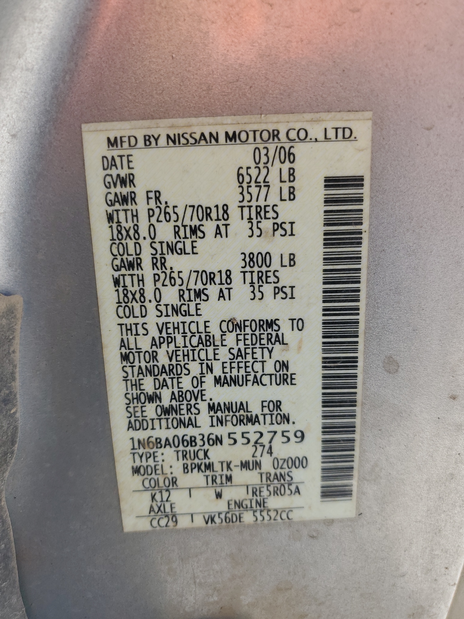 1N6BA06B36N552759 2006 Nissan Titan Xe