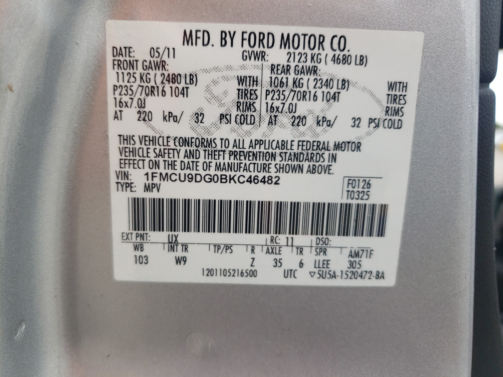 1FMCU9DG0BKC46482 2011 Ford Escape Xlt